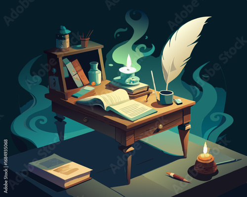 colorful illustration of a writing desk with ghostly quill
