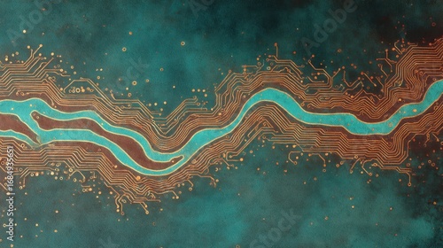 Abstract digital circuit board river, futuristic copper microchip pathways on teal background, electronic technology hardware concept art