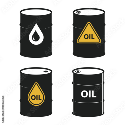 Four oil barrel icons with different labels and symbols Keywords: oil, barrel, petroleum, fuel, energy, industry, crude oil