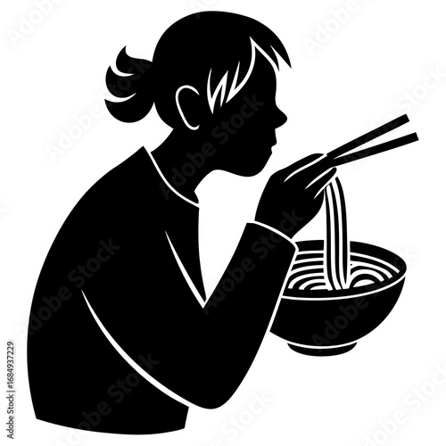 Person eating noodles with chopsticks bowl
