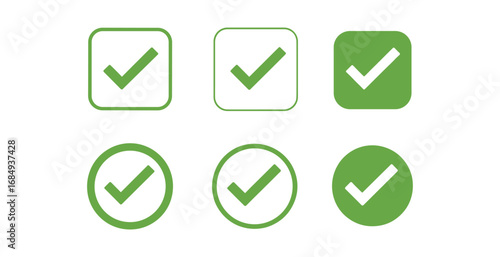 Set of six green checkmark icons in square and circle frames tick correct