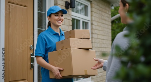 Smiling female courier in a blue uniform delivers a stack of cardboard packages to a customer at her home's front door