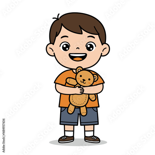 Happy cartoon boy with brown hair joyfully hugging a cute brown teddy bear toy.