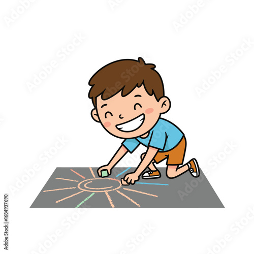 Happy cartoon boy with brown hair kneeling and drawing a colorful sun with chalk on a dark surface.