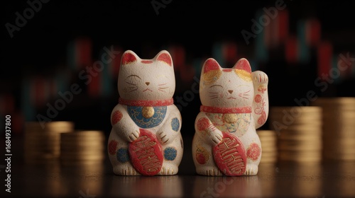 Two Maneki Neko lucky cats figurines with golden coins and stock market chart