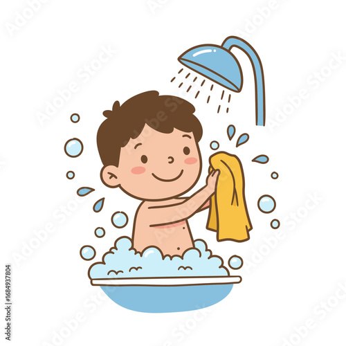 Happy cartoon boy with brown hair taking a bubble bath washing with a yellow cloth under a shower.