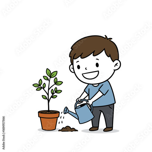 Happy cartoon boy with brown hair watering a small green sapling in a terracotta pot.