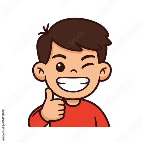 Happy cartoon boy with brown hair winking and smiling while giving a thumbsup gesture in a red shirt.