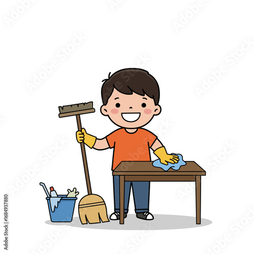 Happy cartoon boy with dark hair doing chores wiping a table with a cloth and holding a broom.