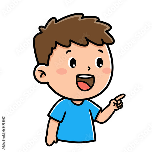 Happy cartoon boy with spiky brown hair and a blue shirt smiling and pointing his finger with an excited expression.