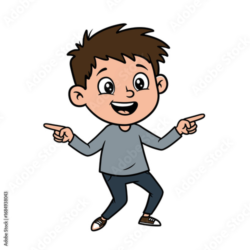 Happy cartoon boy with spiky brown hair in a dynamic pose pointing fingers sideways with a joyful expression.