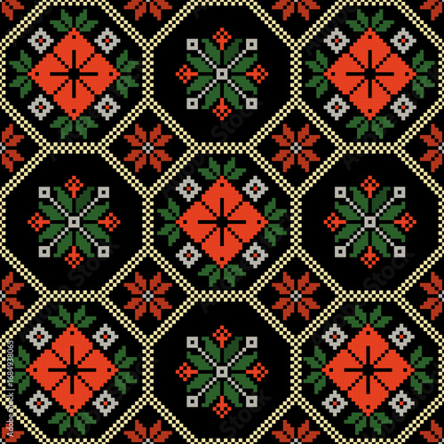 Traditional Seamless Folk Floral Cross Stitch Pixel Art Pattern with Red Green on Black Background for Embroidery, fabric, Vector Illustration and Textile Design, wallpaper, and decoration.
