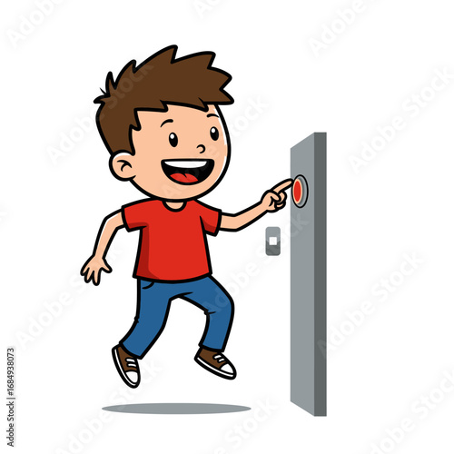 Happy cartoon boy with spiky brown hair jumping to press a red elevator button.