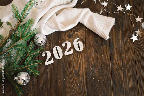 Happy New Years 2026. Christmas background with Christmas tree and Christmas decorations. Christmas holiday celebration. New Year concept..