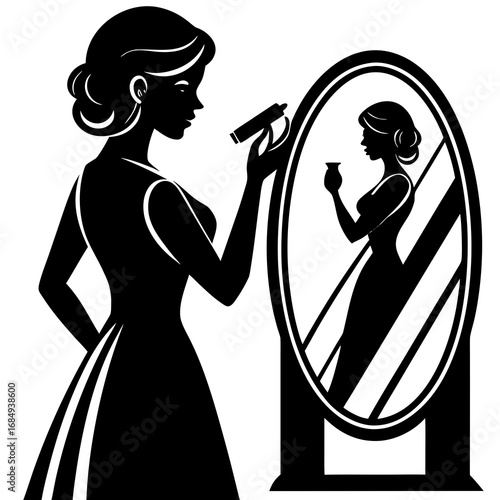 Woman applying makeup in mirror silhouette reflection