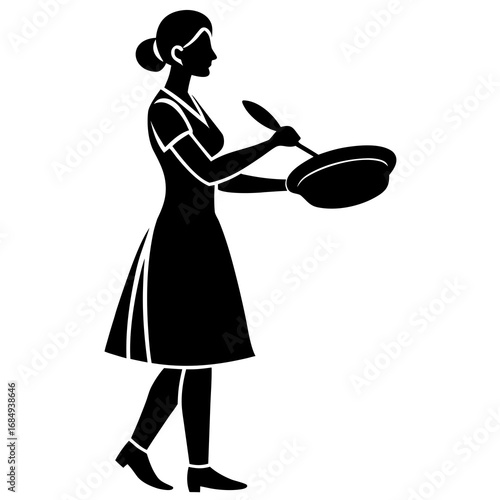 Woman cooking with frying pan and spatula silhouette