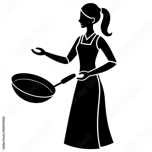 Woman cooking with frying pan apron silhouette
