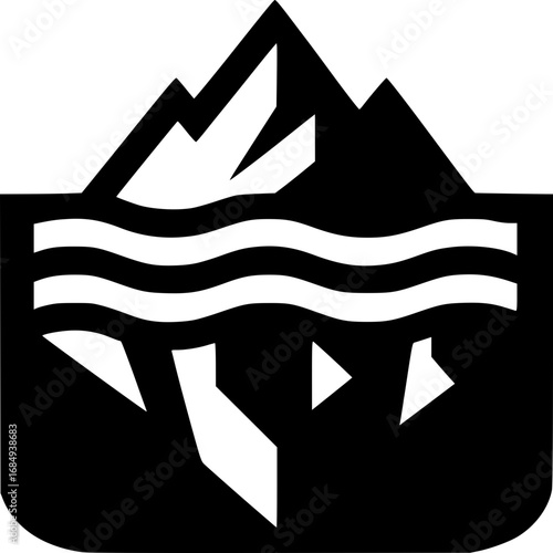Symbol of the Unseen: A minimalist vector illustration captures the hidden dangers of an iceberg, showcasing its tip above the water surface and its massive unseen submerged form.