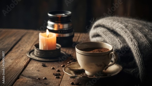 Cozy coffee scene on rustic wood
