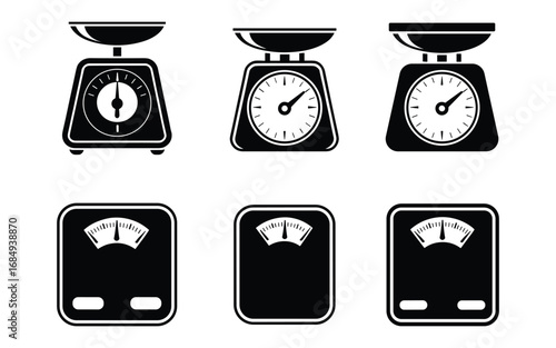 Three Vintage Kitchen Scales And Three Modern Bathroom Scales Icons weighing weight
