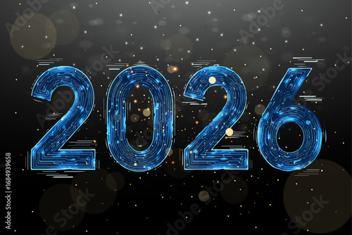 Futuristic blue crystal 2026 numbers sparkling brightly on a dark textured background