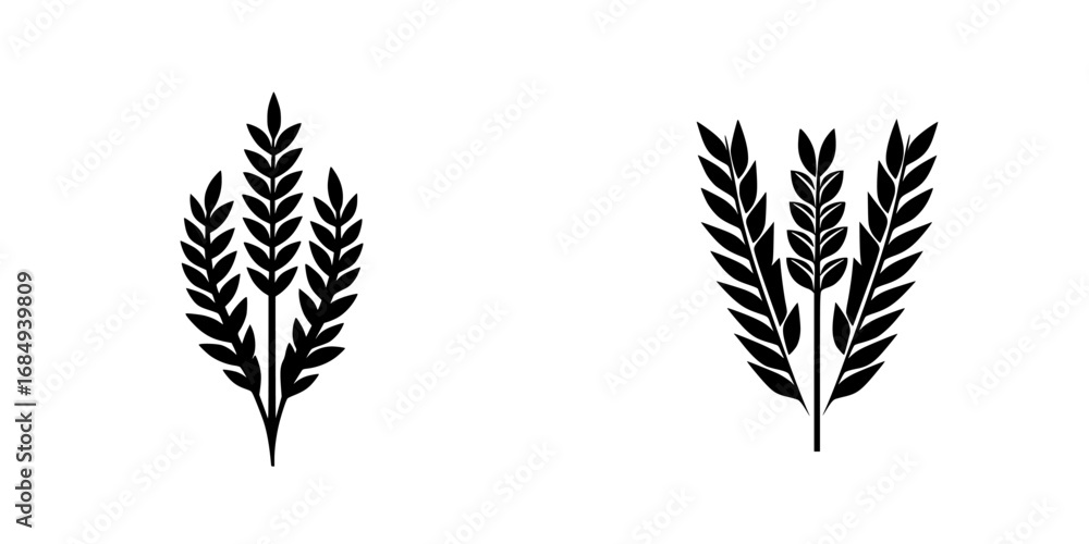 Minimalist black-and-white vector illustration featuring wheat stalk silhouettes on a white background Minimalist black-and-white vector illustration featuring wheat stalk silhouettes on a white background