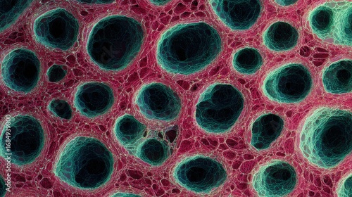 Abstract cellular structure with holes in pink and blue