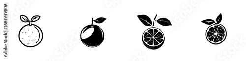 Vector illustration of black-and-white minimalist fruit icons showcasing oranges and their variations in a clean silhouette style