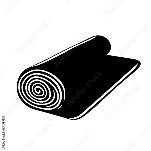 Minimalist black-and-white vector illustration of a rolled yoga mat for fitness and wellness activities