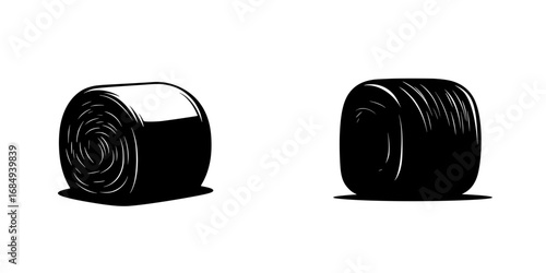 Minimalist black-and-white vector illustration of hay bales in silhouette style located in a rural setting