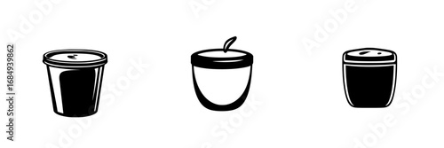 Minimalist black-and-white vector illustration of three simple silhouette containers with varying shapes and designs