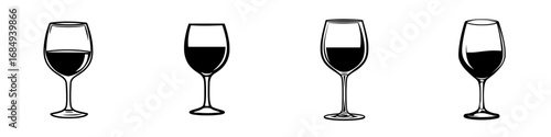 Minimalist black-and-white vector illustration of various wine glasses in different shapes and sizes