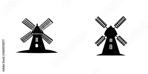 Minimalist black-and-white vector illustration of two windmills with detailed silhouettes and geometric design