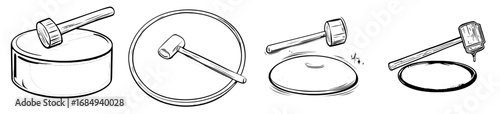 The letter Q is represented as a cymbal with a wooden drumstick in a cartoon musical font, symbolizing a music instrument typeface related to entertainment, specifically the English alphabet, in an