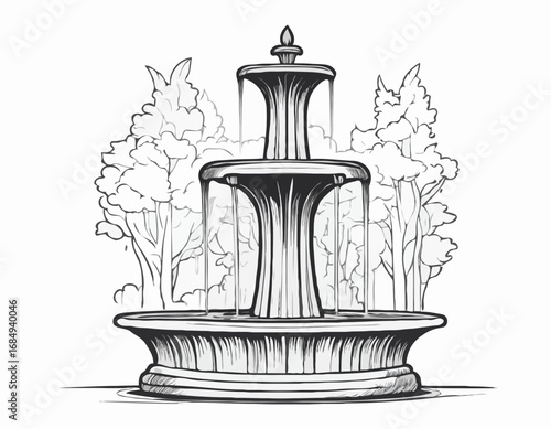 Fountain. Doodle style. Beautiful outdoor marble fountain.
