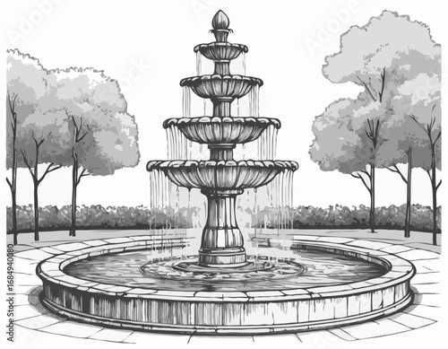 Fountain. Doodle style. Beautiful outdoor marble fountain.