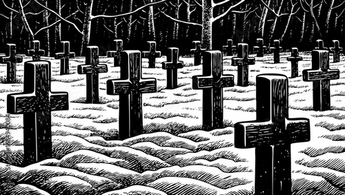 grunge black and white illustration of a snowy cemetery scene, featuring crosses and atmospheric details, ideal for urban art, graphic design, gothic projects, Halloween-themed artwork