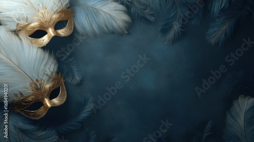 Elegant gold masquerade masks with white feathers on blue background