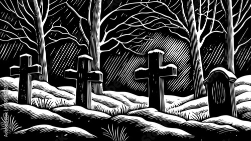 grunge black and white illustration of a snowy cemetery scene, featuring crosses and atmospheric details, ideal for urban art, graphic design, gothic projects, Halloween-themed artwork