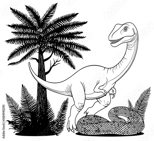 The character Deinocheirus, a large theropod dinosaur from the late Cretaceous period, is shown in a modern cartoon as an omnivore standing near a large rock, with palm trees in the surrounding area