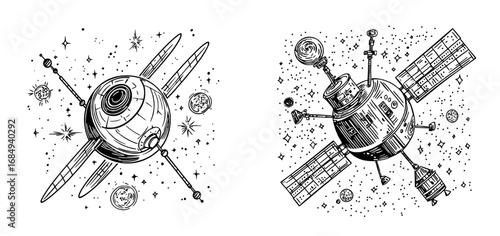 Cosmos travel is symbolized by a thin line modern symbol, which is a linear icon used to represent astronomy research or discovery, and is related to a space artificial satellite and cosmos thin line