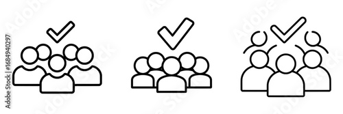 Three individuals represented by a checkmark emblem denoting approval or completion Editable Modern Illustration set against a white background