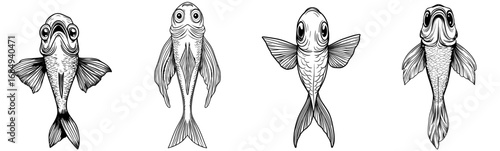 The cartoon underwater font features a flying fish alongside the digit 7 or seven, symbolizing a sea wildlife creature in a math font figure or number, with an aquatic animal isolated in a modern