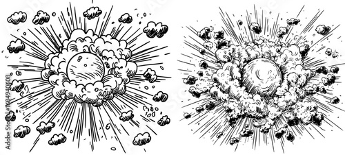 Modern dramatic effects are achieved through the cartoonish depiction of an explosion, which includes a blast of fire and smoke, a booming cloud, and a burning impact of heat, marked by molten orange