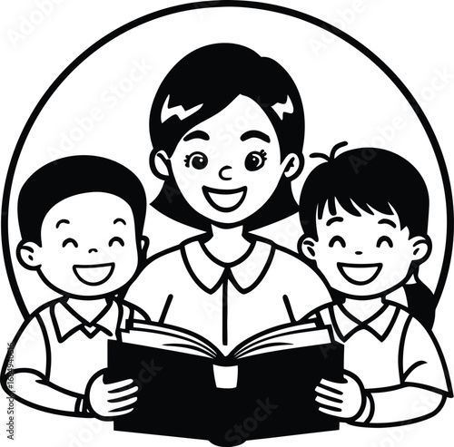 Happy Teachers Day Line art illustration of teacher and two children reading a book together

