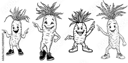 A cartoon character featuring a daikon radish as a groovy Halloween wizard, complete with a playful smile, a festive sorcerer cape, and trendy hippie sneakers, embodies the spirit of y2k retro fun