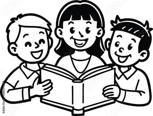 Happy Teachers Day Line art illustration of teacher and two children reading a book together
