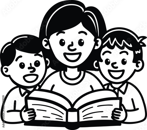 Happy Teachers Day Line art illustration of teacher and two children reading a book together

