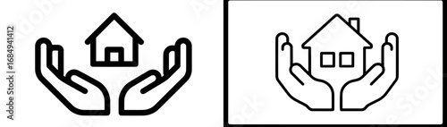 Real estate business is represented by a linear icon set of building ownership, where a hand is shown holding architectural structures in a modern style on white background