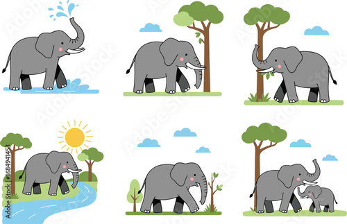 Cartoon elephants walking, playing, and exploring in nature, with trees, sun, clouds, and river, perfect for kids vector illustrations, clipart, and posters.